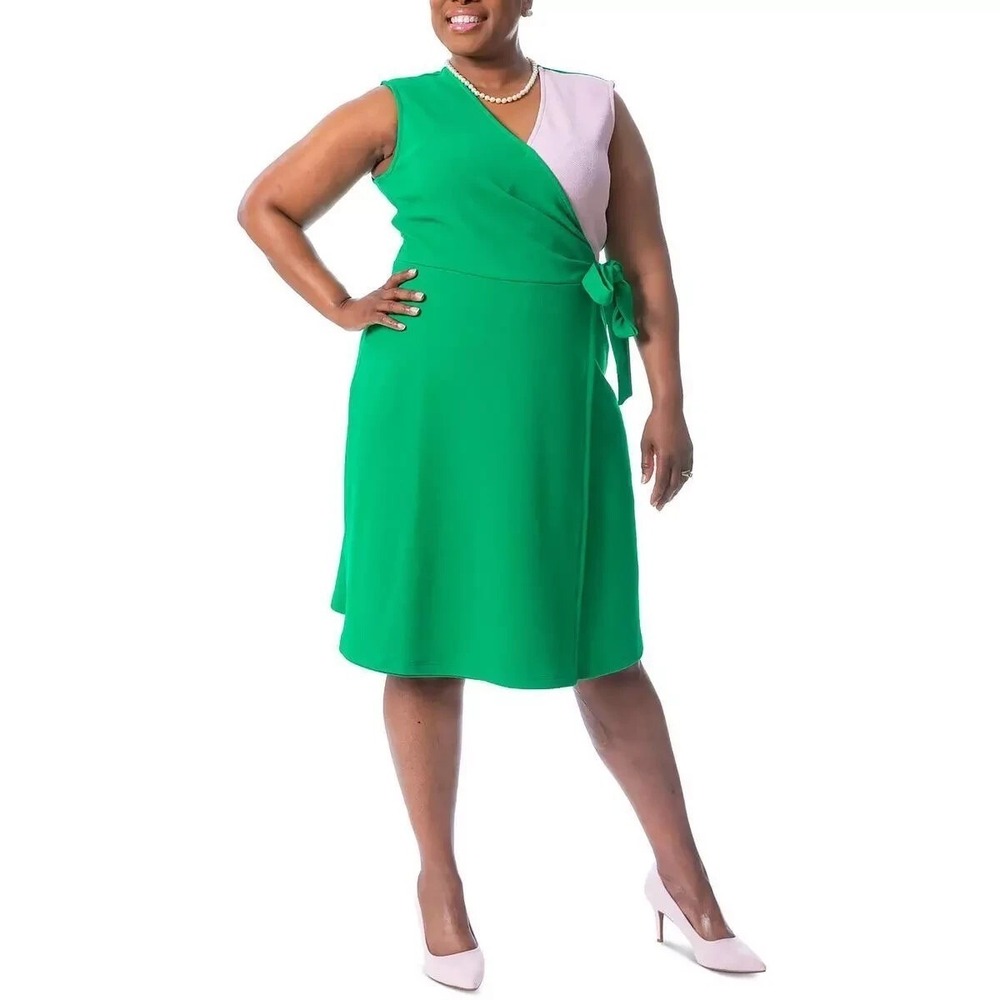 Kasper‎ Women's Green Pink Colorblock Sleeveless Wrap Dress XXL NWT